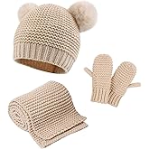 Duoyeree Baby Winter Hat Scarf Glove Beanie Set Girls Boys Pom Pom Knitted Beanie Mitten Scarves for Toddler 0-3T