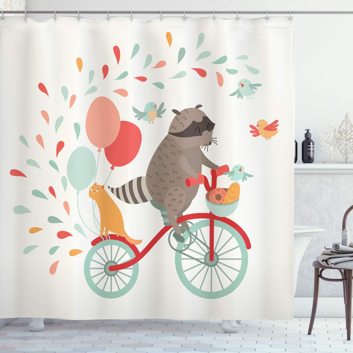 ABAKUHAUS Animal Shower Curtain, Raccoon on Bicycle with a Cat Friend and Balloons Happy Birthday Journey Theme, Cloth Fabric Bathroom Decor Set with Hooks, 70 Inches, Multicolor