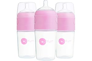 PopYum 9 oz Pink Anti-Colic Formula Making/Mixing/Dispenser Baby Bottles, 3-Pack with #2 Medium Flow Nipples, 260 ml, BPA-Free, Natural Latch