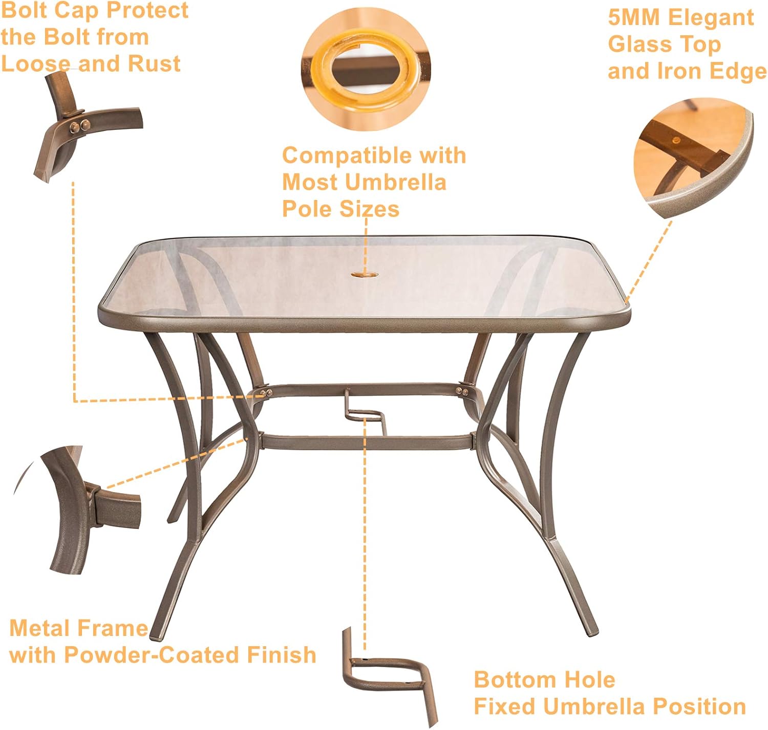 40" Outdoor Patio Dining Table Metal Square Bistro Coffee Table Furniture, Golden Brown Tempered Glass Top with Umbrella Hole: Kitchen & Dining