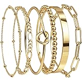 18K Gold Plated Bracelet Set for Women - Dainty Adjustable Layered Chain & Bangle Stackable Jewelry