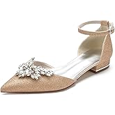 HKMFLYY Women's Pointed Toe Glitter Wedding Shoes for Bride Flats Comfortable Rhinestones Bridal Flats Evening Prom Party Dress Shoes Pumps
