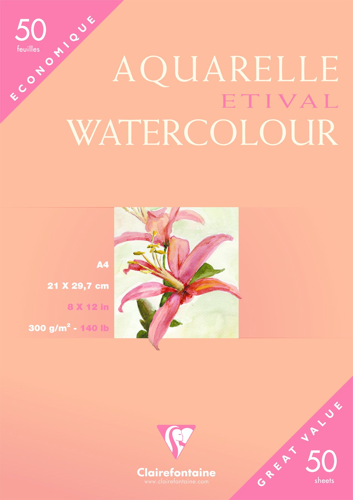 Clairefontaine - Ref 96469C - Etival Cold Pressed Sheets for Watercolour Painting & Drawing (50 Sheets of Paper) - A4 (29.7 x 21cm) - 300gsm Cellulose Art Paper