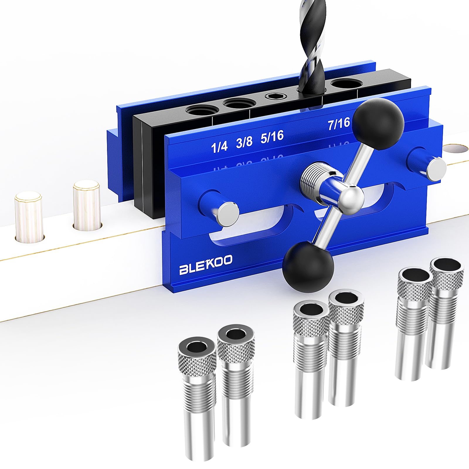 Photo 1 of BLEKOO Upgrade Self Centering Doweling Jig Kit, Drill Jig For Straight Holes Biscuit Joiner Set With 6 Drill Guide Bushings, Adjustable Width Drilling Guide Power Tool Accessory Jigs (Blue)