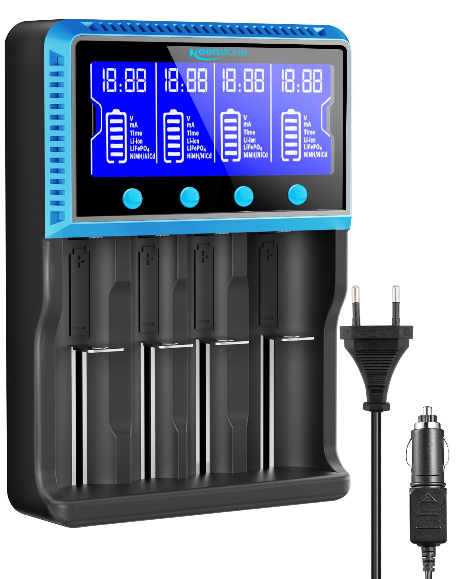 Universal Akku Ladegerät, 18650 Akku Ladegerätmit 4 Schacht, LCD Smart Schnell Aufladen Batterieladegerät für NI-MH NI-CD AA AAA Li-Ion LiFePO4 IMR 10440 14500 16340 18650 RCR123 26650