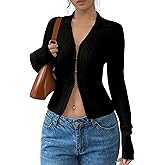 OYOANGLE Women's Long Sleeve Cutout Shirt Collar V Neck Ribbed Knit Split Hem Going Out Tops