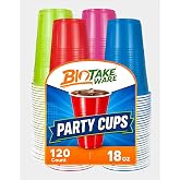 Biotakeware Disposable Plastic Cups, 120 Count, 18 Oz BPA-Free PP Plastic Cups, Assorted Red Blue Green Pink Party Cups for Tailgates, Birthdays, Holidays, BBQs, and Events
