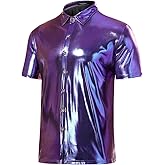 Arjen Kroos Mens Sequin Top 70s Outfit Disco Rave Party Collared T-Shirt Short Sleeve Breathable Metallic Shirt
