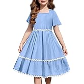 Arshiner Girls Summer Dress Flutter RIC Rac Tiered Short Sleeve Square Neck Casual Midi Dresses with Pockets