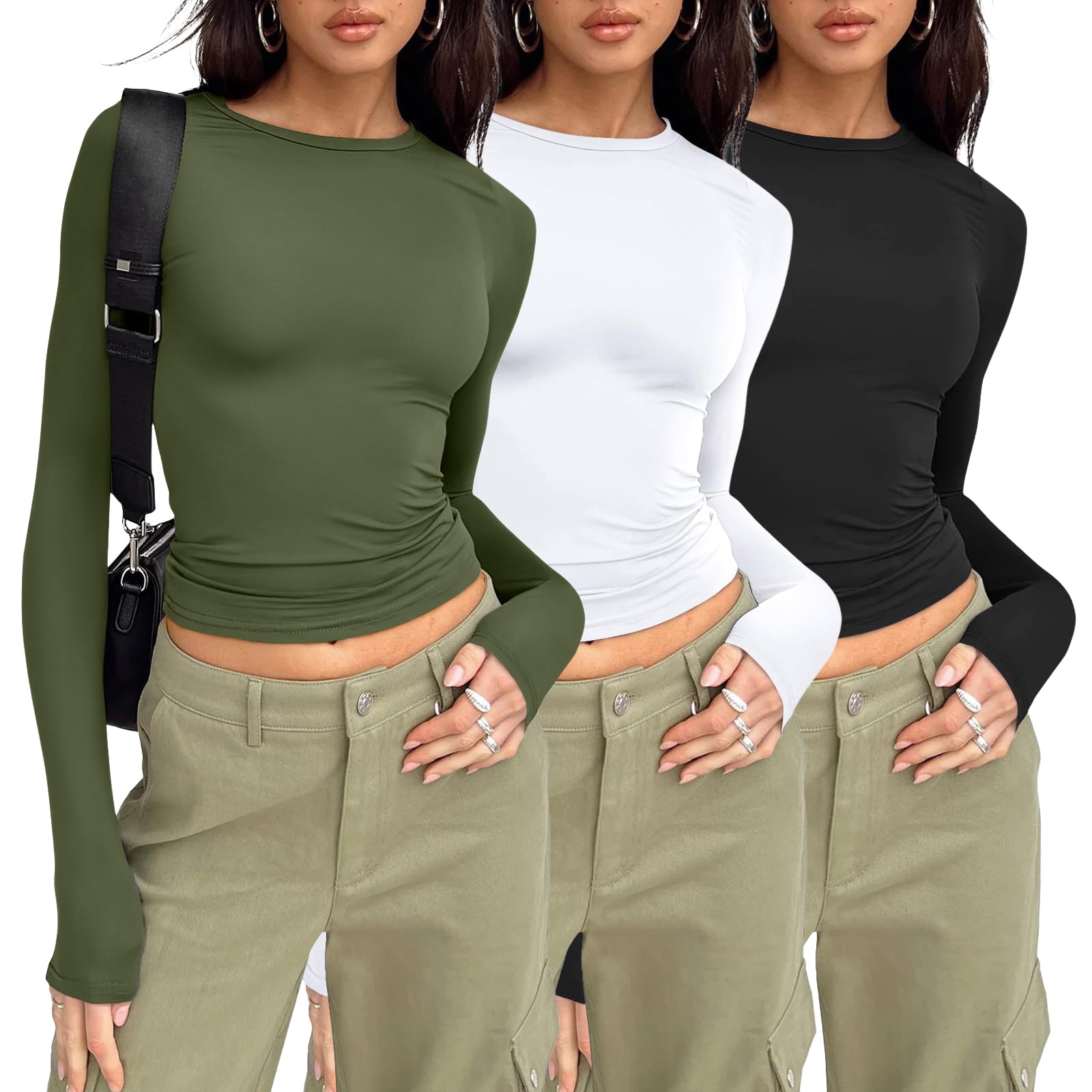 AUTOMET 3-Pack Women's Long Sleeve Crop Tops - Basic Fitted T-Shirts Set Black White ArmyGreen M Image