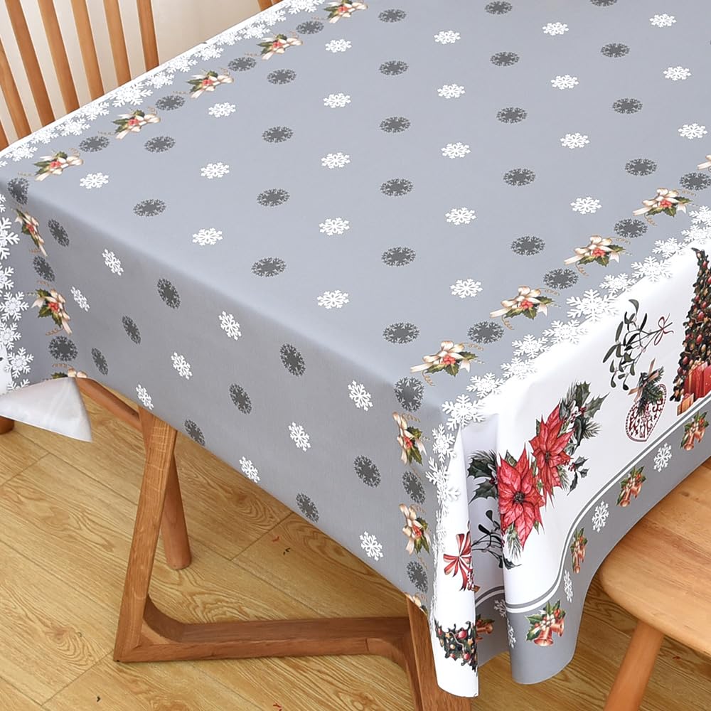 Yofori Christmas Table Cloth Wipe Clean PVC Xmas Tablecloth Rectangle Grey Plastic Table Cover Waterproof Wipeable Vinyl Oilcloth for Spring festival New Year Dining Party (Trees-gray, 137x300cm)