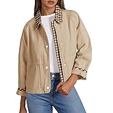 Tankaneo Womens Cropped Jacket Lightweight Casual Zip Up Barn Jackets Fall Contrast Plaid Outerwear Coat