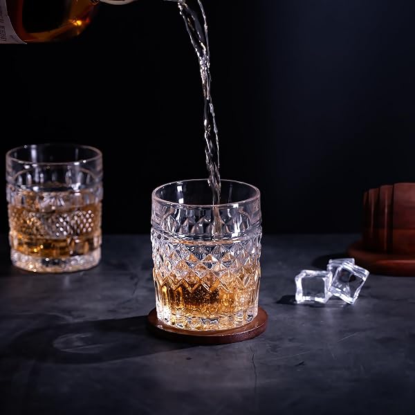 HYGLAZELLE WHISKEY GLASSES SET OF 4 WITH LUXURY BOX, 10OZ OLD FASHIONED WHISKEY GLASSES GIFT FOR COCKTAILS RUM COGNAC BOURBON LIQUOR ROCKS GLASSES MEN GIFT(MIXED)