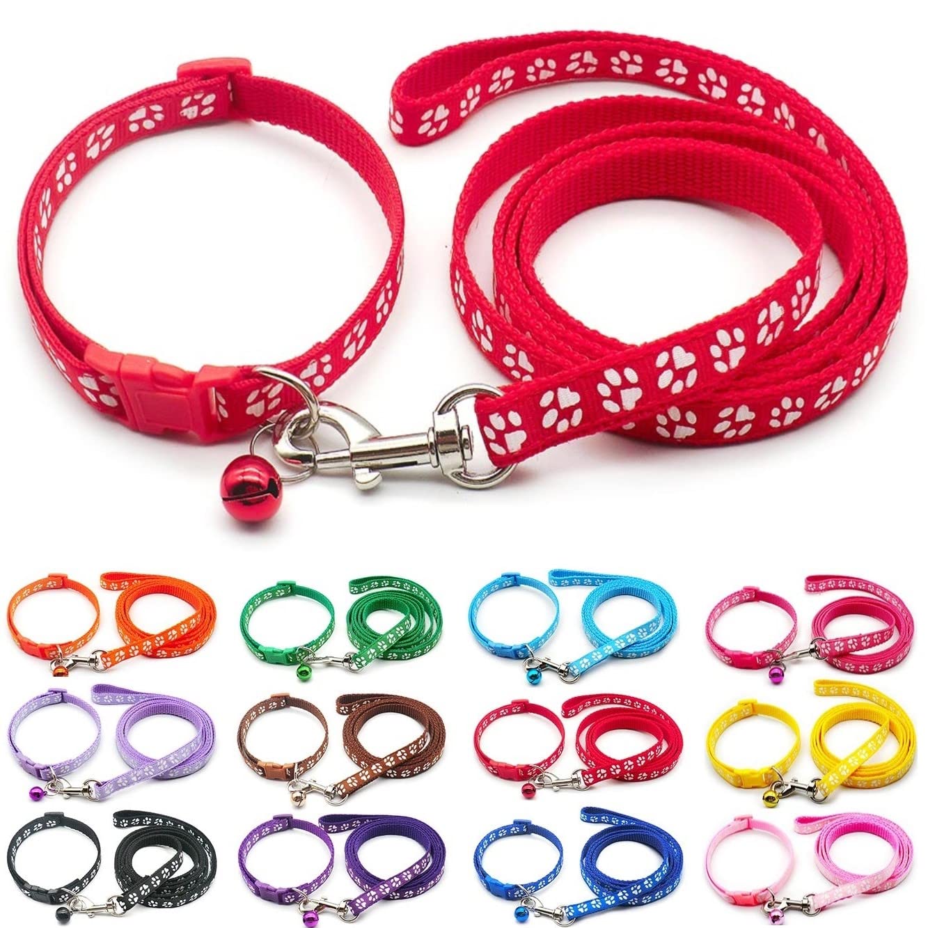 Small Dog Puppy Pet Collar and Lead Set Pawprint Design Nylon Adjustable Size 19-32cm Collar with Bell and 120cm Leash Red — image 1