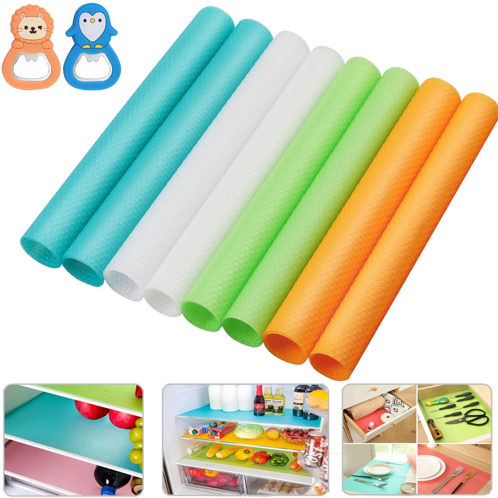 HOMGEN 8PACK Fridge Shelf Liner 4 Colours Washable Fridge Mats Liners Mrs Hinch with 2 Magnets Bottle Opener Waterproof Anti-Slip Refrigerator Pads for Cupboard Drawer etc(45x29cm)