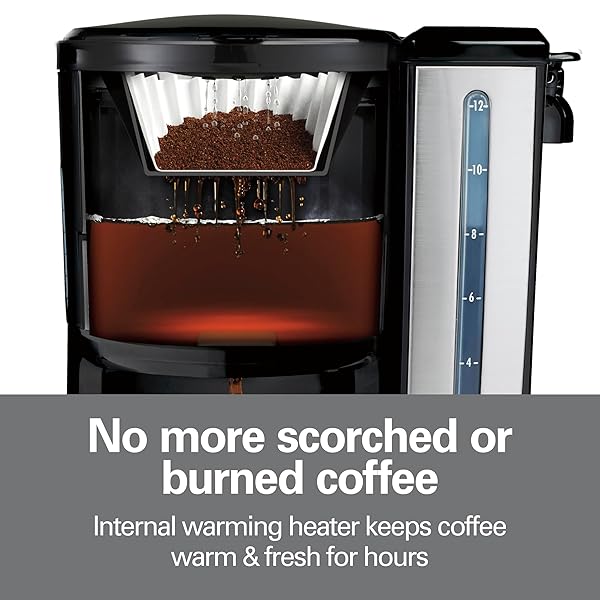 HAMILTON BEACH ONE PRESS PROGRAMMABLE DISPENSING 12 CUP COFFEE MAKER WITH INTERNAL COFFEE POT, STAYS WARM AND FRESH FOR HOURS, 60 OZ. REMOVABLE RESERVOIR, BLACK & STAINLESS STEEL (47950)