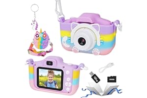 ARTCWK Kids Camera for Girls, Kids Camera Cat Camera, Kids Toys for Girls Age 3 4 5 6 7 8 Year Old, Kids Digital Camera, 8X Zoom HD 1080P 32GB SD Card with Unicorn Pop Purse Gift (Cat)