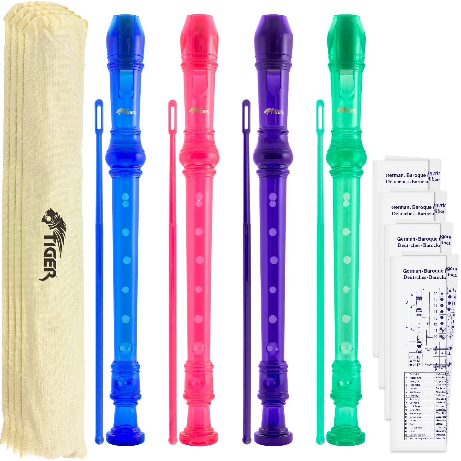 Tiger Pack of 4 Coloured Descant Recorders - With Cleaning Rod & Case