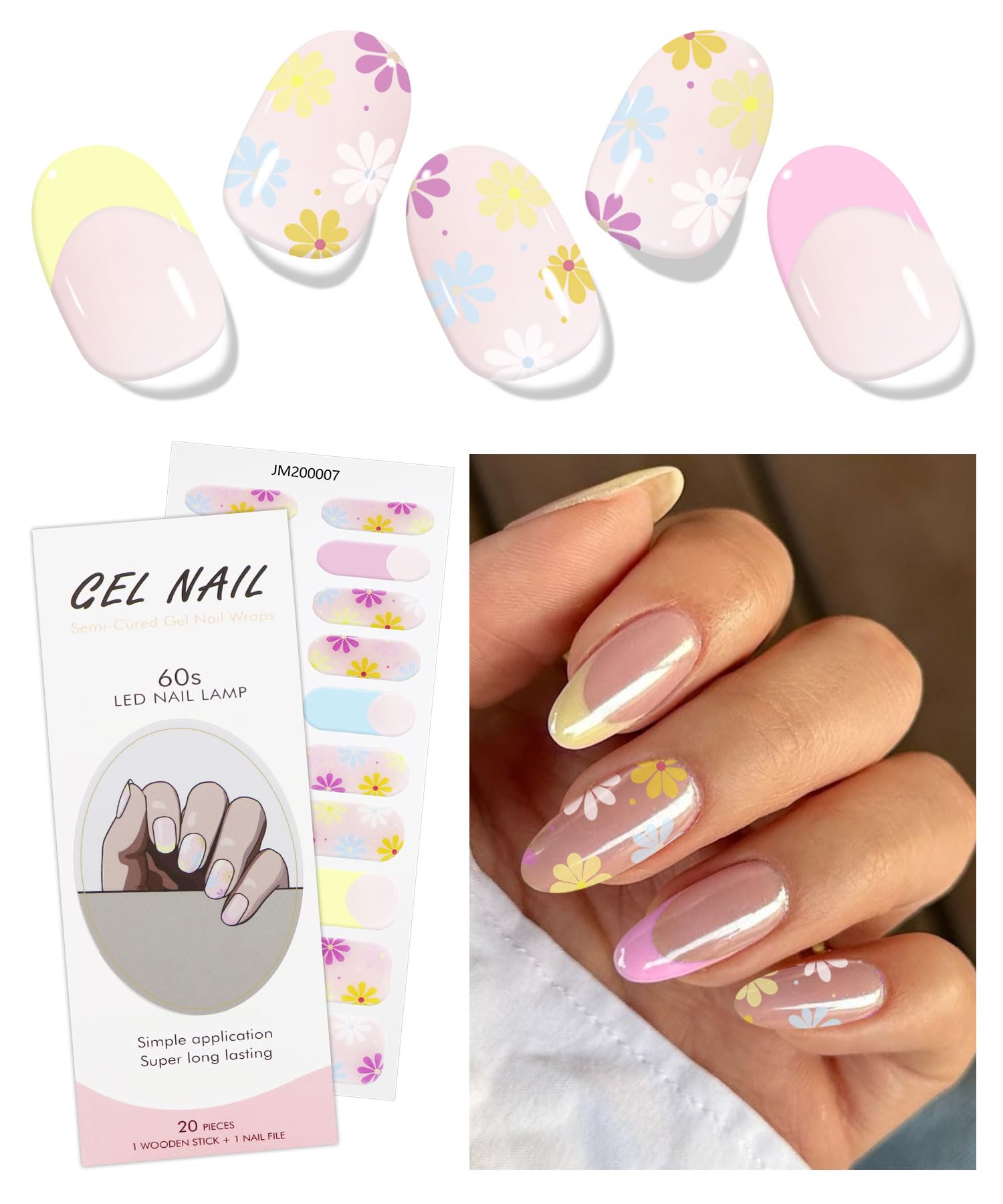 JMEOWIO Gel Nail Stickers Colorful Flower Semi Cured Gel Nail Strips Wraps UV/LED Nails Art Design Decoration Accessories