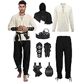 7 Pcs Men's Renaissance Costume Medieval Pirate Shirt Ankle Banded Pants Viking Costume Accessories Set