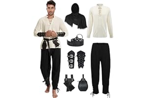 DARFULA 7 Pcs Men's Renaissance Costume Medieval Pirate Shirt Ankle Banded Pants Viking Costume Accessories Set