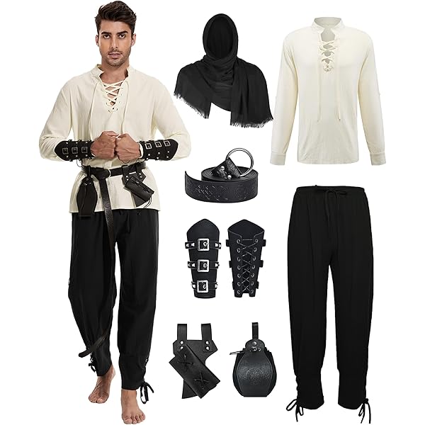 Conjunto De 8 Piezas De Disfraz De Pirata Para Hombre, Disfraz De Halloween, Renacentista, Cosplay, Camisa Medieval, Pantalones, Chaleco Vikingo, Pañuelo Y Cinturón, Negro -, Pequeña