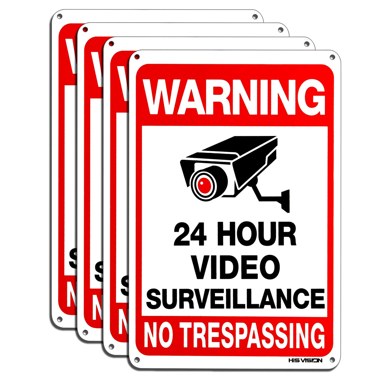 Video Surveillance Sign 4-Pack, HISVISION No Trespassing Metal Reflective Warning Sign,UV Protected & Waterproof, 10