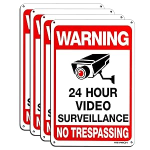Video Surveillance Sign 4-Pack, HISVISION No Trespassing Metal Reflective Warning Sign,UV Protected & Waterproof, 10