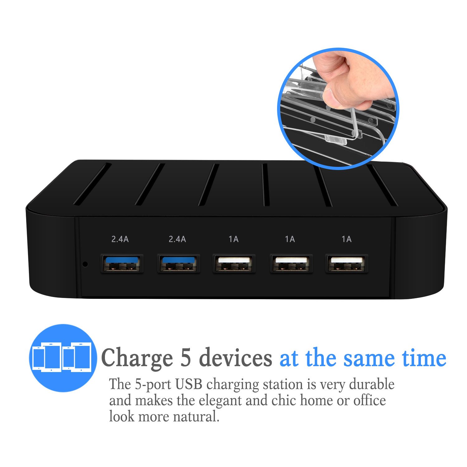 AcTopp USB Ladestation Multiport USB Universal Dockingstation Ladegerät Ladedock 5 Ports USB Ladestation gehostete Desktop Ladestation Ladeeinrichtung für Handys Tablets Kindle