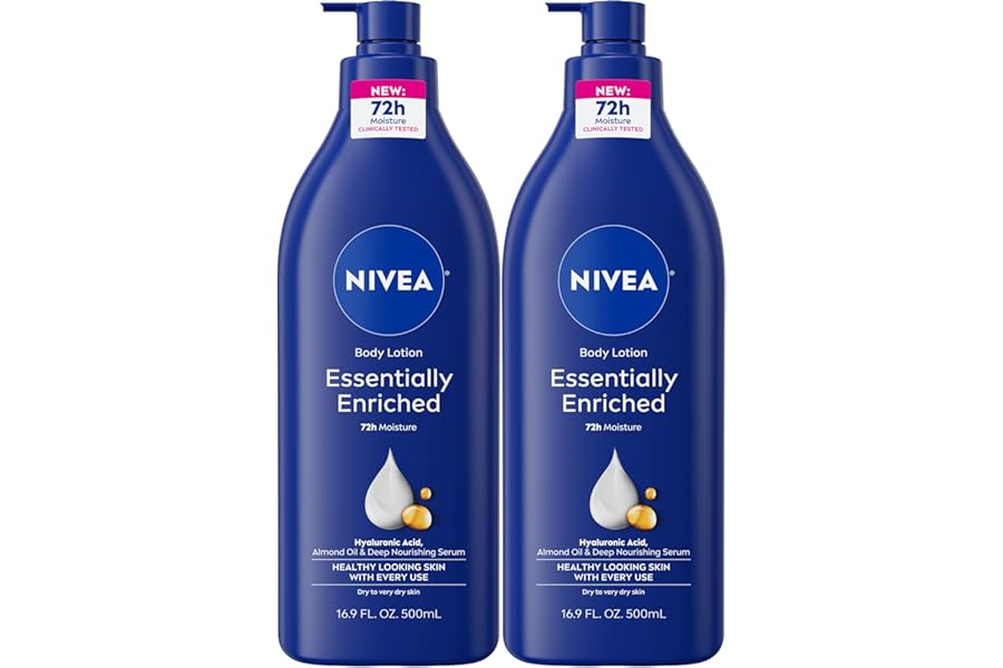 NIVEA Essentially Enriched Body Lotion for Very Dry Skin with Hyaluronic Acid, Almond Oil and Deep Nourishing Serum, 72-Hour Body Moisturizer, 16.9 Fl Oz Pump Bottle, Pack of 2