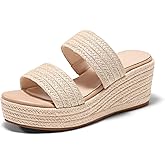 Coutgo Womens Platform Wedge Sandals Espadrille Raffia Heeled Slides Open Toe Two Band Summer Beach Vacation Shoes