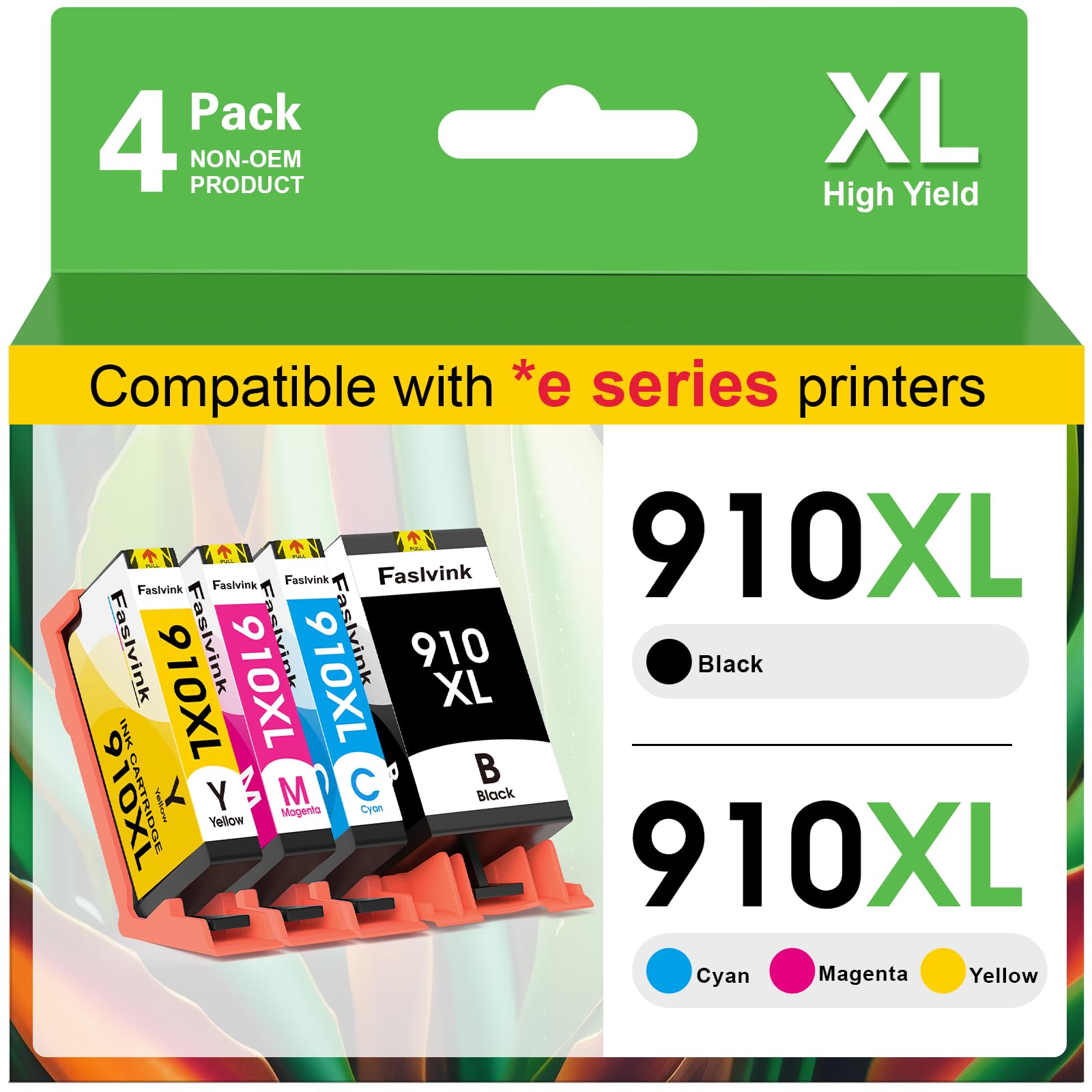 Photo 1 of Faslvink 910XL Ink Cartridges Replacement for HP 910XL Ink Cartridges Combo Pack for HP OfficeJet Pro 8025e 8015e 8028e 8035e 8022e 8020 8028 8025 8035 8015 Printers,4 Pack (hp910xl 910 XL Ink