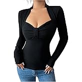 SweatyRocks Women's Stretchy Long Sleeve Basic Tops Slim Fit Ruched Sweetheart Neck T Shirt
