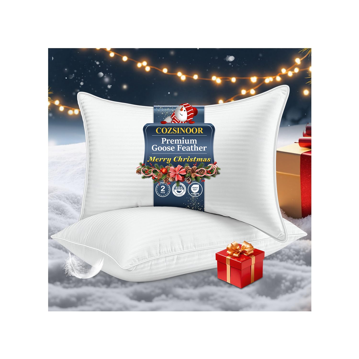 Photo 1 of COZSINOOR Goose Down Feather Pillows Queen Size - Hotel Bed Pillow for Sleeping Set of 2, Soft 600 TC Cotton Cover, Fluffy Support Surround Fill Down Alternative for Back, Stomach, Side Sleepers