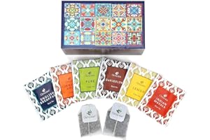 Octavius, Assorted Tea Sampler Gift Set (6 Flavors, 30 Tea Bags) | Black & Green Tea Sampler Pack | Tile Motif Design Wooden 