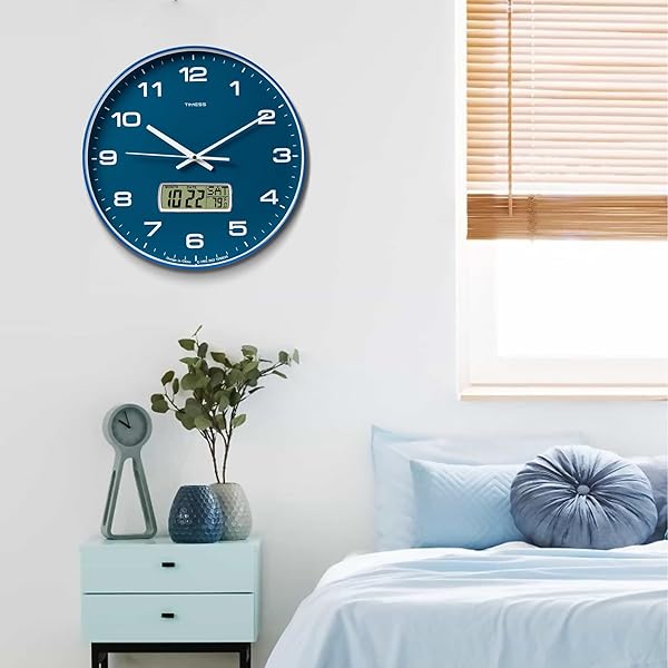 TIMESS WALL CLOCK, 14″ LARGE DIAL NON-TICKING SILENT BATTERY OPERATED ANALOG WITH LCD DISPLAY FOR PERPETUAL CALENDAR AND F° TEMPERATURE, IDEAL MODERN HOME, BEDROOM, KITCHEN, OFFICE DECOR (BLUE)