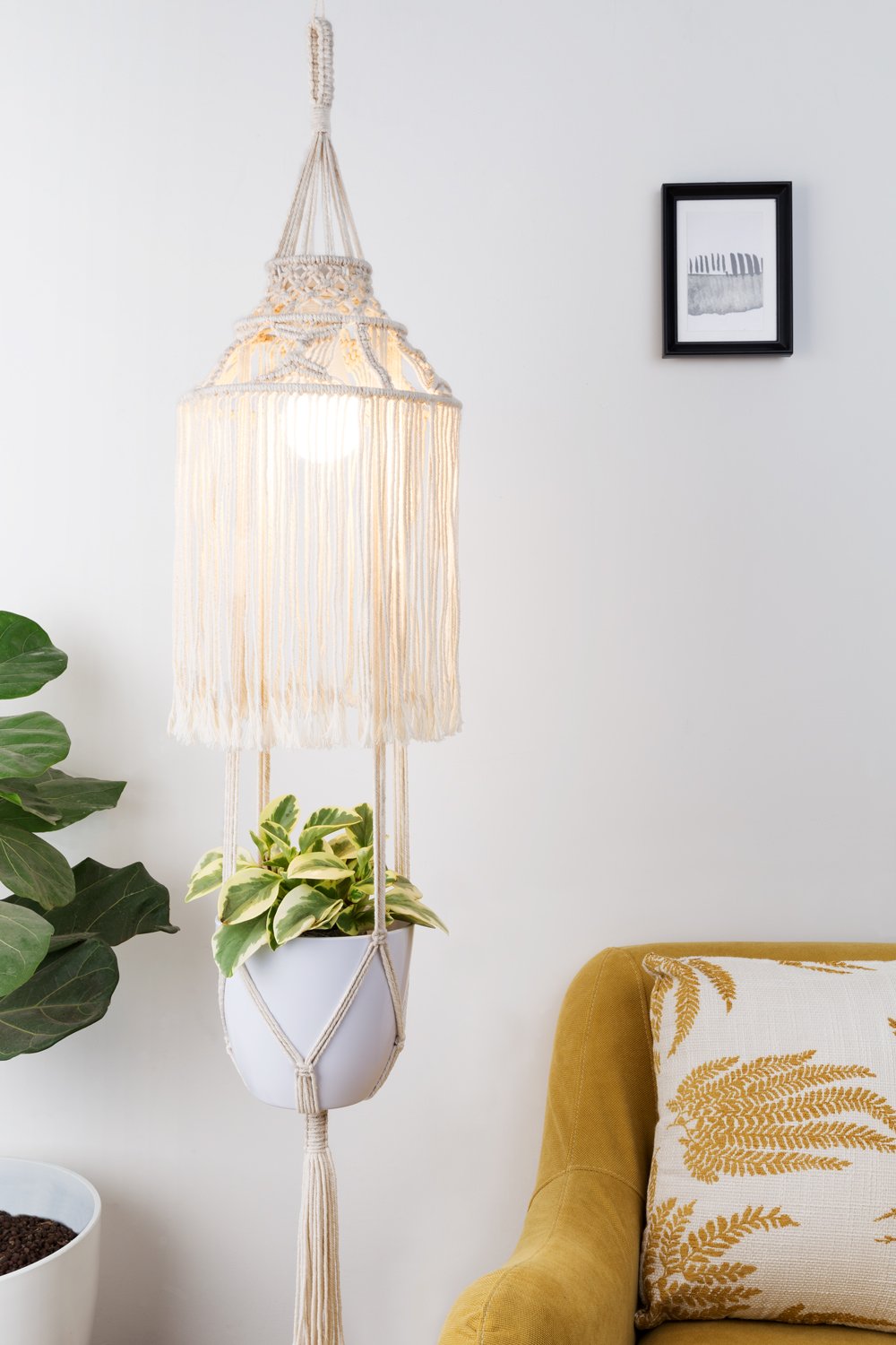 Mkono Macrame Plant Hanger Indoor Lantern with Hanging Planter Pendant