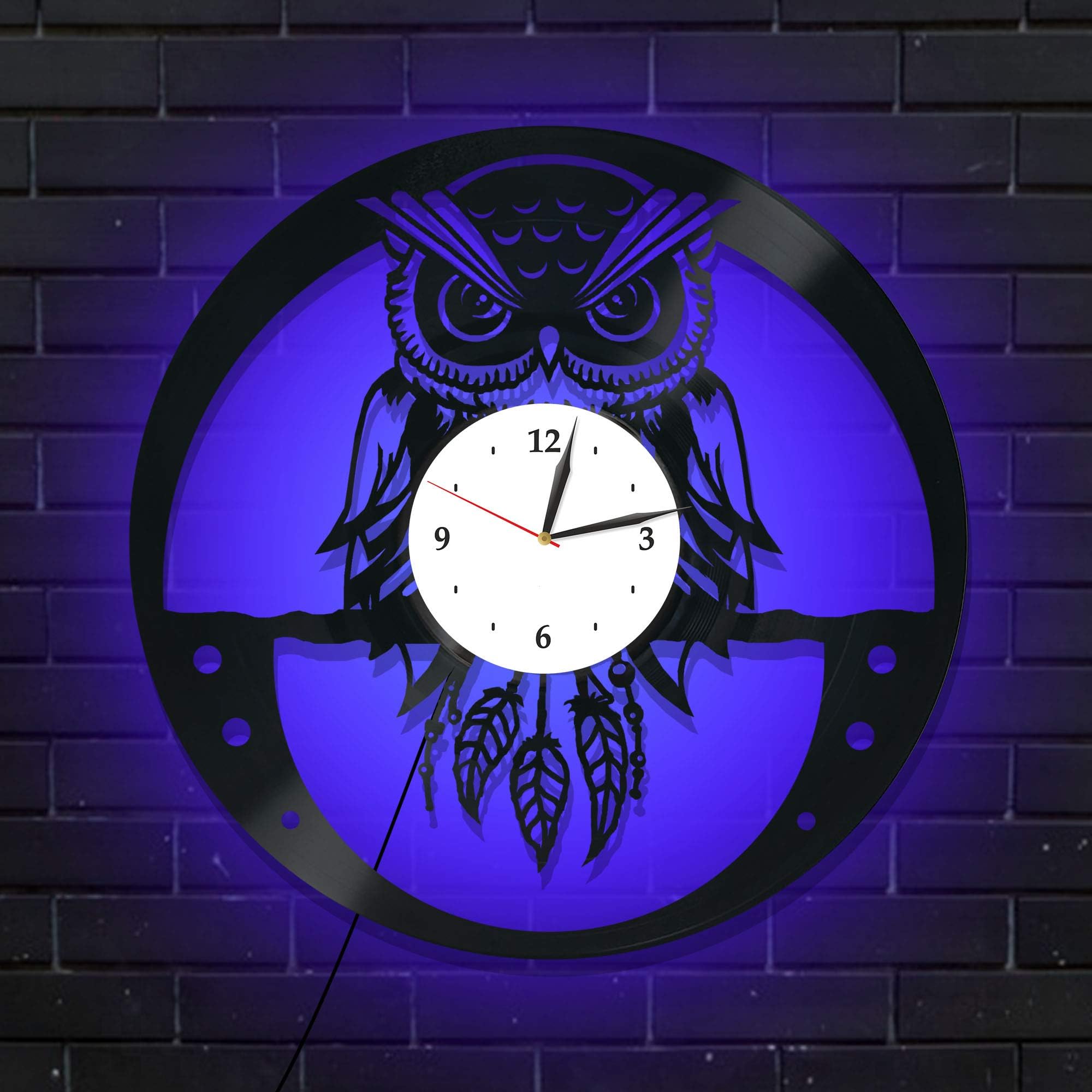 Levescale - Owl Lighted Vinyl Wall Clock - Express Shipping for Kids, boy, Teens, Girl - Decoration for Living Room, Kitchen - Screech owl - Animal Theme Night Gothic (Blue)