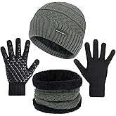 Senker Fashion Winter Beanie Hat Scarf and Touchscreen Gloves Set for Men, Warm Knit Skull Cap with Fleece Lined Gifts