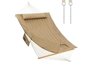 CHULIM Outdoor Double Hammock with Hardwood Spreader Bars, Large Rope Hammock with Polyester Pad and Pillow, 475 LBS Capacity for 2 Person Patio Backyard Poolside - Tan