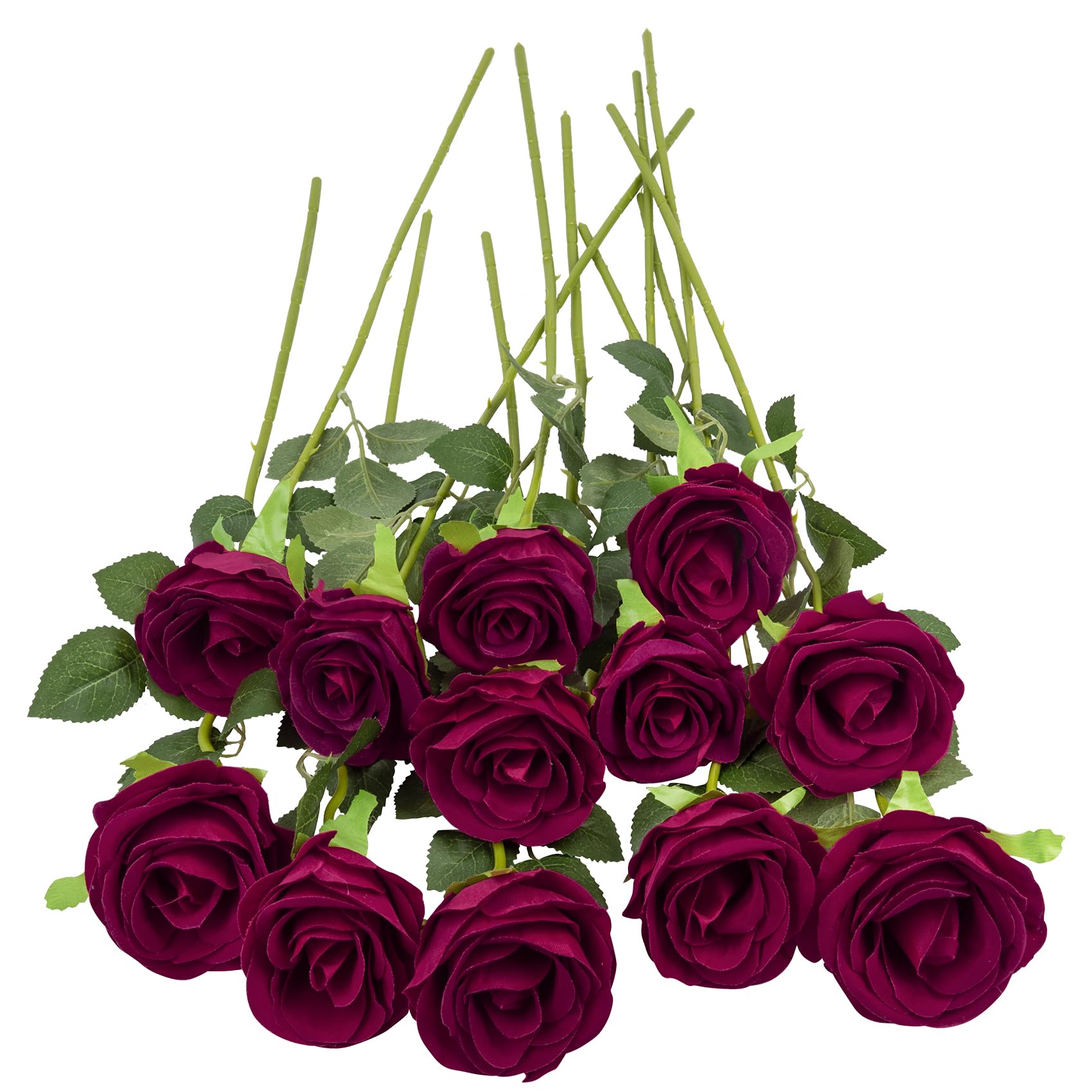 Woltoy 12 Pcs Dark Red Artificial Velvet Roses, Real Touch Fake Rose with Single Long Stem, Artificial Flowers for Home, Garden, Party, Wedding Bouquet, Office Decorations