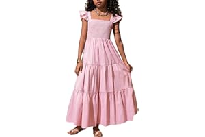RETSUGO Girls Dresses Summer Flutter Sleeve Swing Casual Solid Color Tiered Smocked Dress 6-12 Years Old
