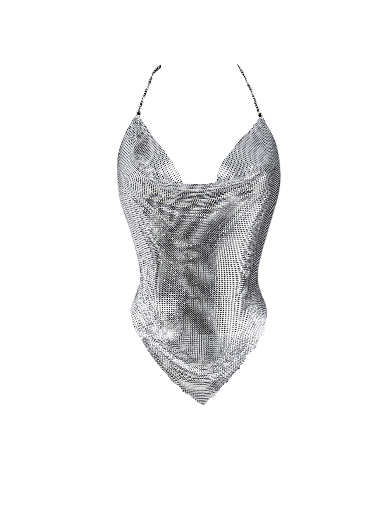 Photo 1 of Floerns Women's Rhinestone Halter Tops Cowl Neck Sparkly Hanky Hem Date Night Cami Top Silver X-Small