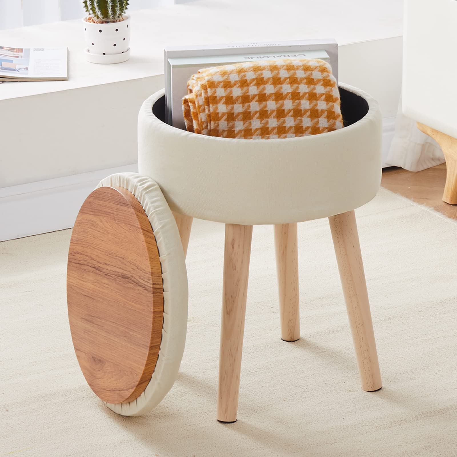 Photo 1 of Mxfurhawa Storage Ottoman Linen Round Vanity Stool Tray Top Modern Foot Stool with Wood Legs Multifunctional Upholstered Foot Ottoman Rest for Living Room, Bathroom, Makeup (White)