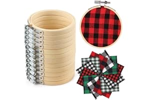 Caydo 12 Pieces Christmas Ornament Kit Including 3 Inch Embroidery Hoops and 5 Inch Squares Plaid Fabric for Christmas Decorations
