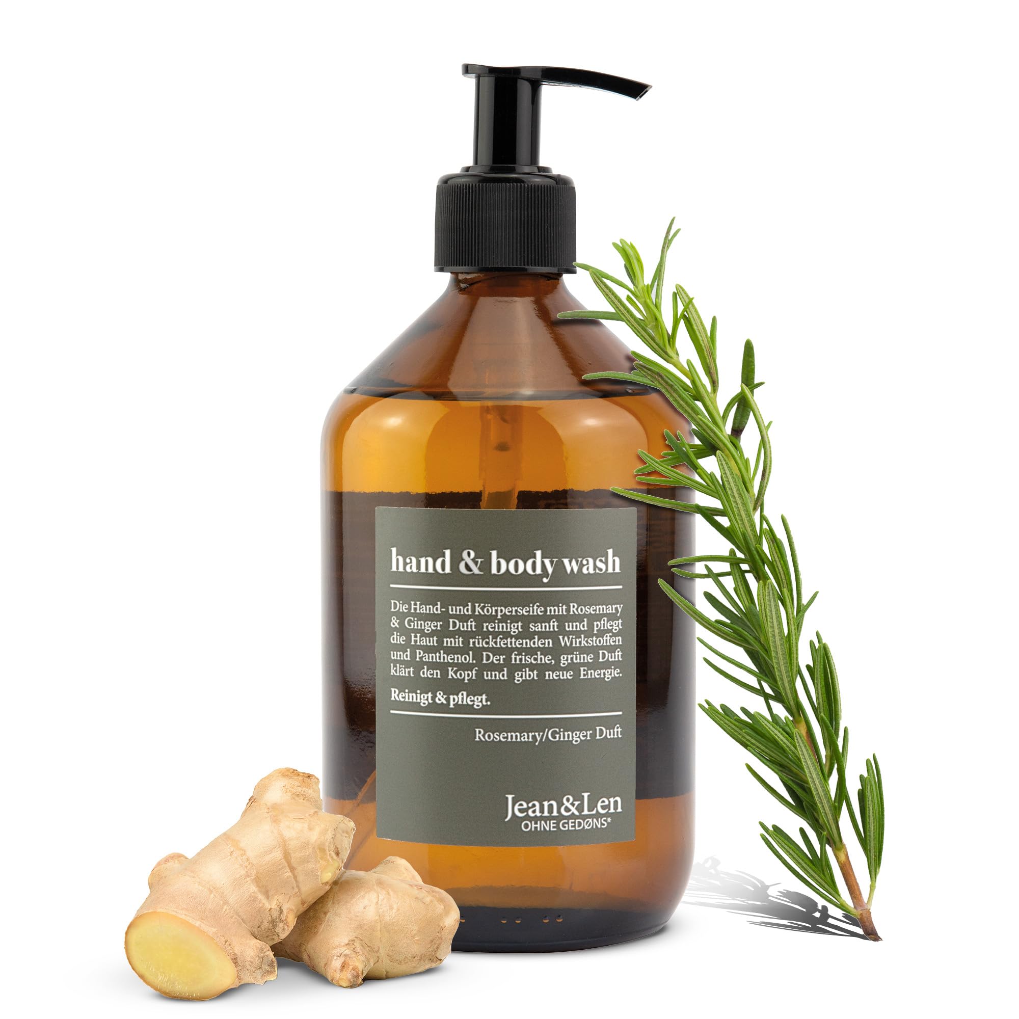 Jean & Len Hand & Body Wash Rosemary and Ginger, Cleanses and Nourishes the Skin, Spicy Fresh Fragrance, Shower Soap, Liquid Soap without Silicones, Parabens & Microplastics, Glass Bottle 500 ml