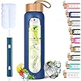 Aqulea Glass Water Bottles 25 Oz with Silicone Sleeve - BPA Free Reusable Wide Mouth Glass Motivational Water Bottles with Fruit Infuser – Leak Proof Borosilicate Water Bottle with Time Marker (Blue)