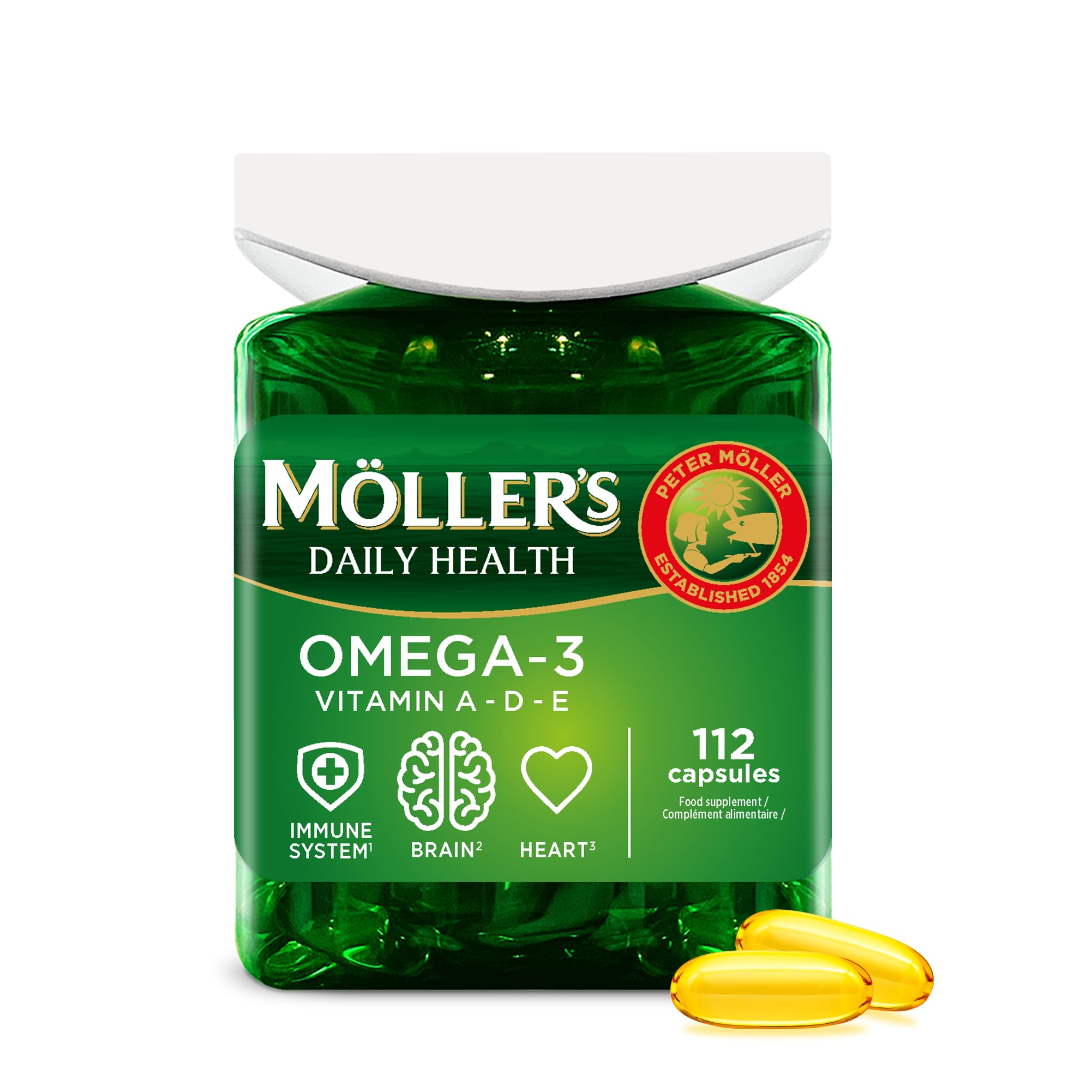 Moller’s ® | Omega-3 Capsules | Fish Oil | Nordic Omega-3 Dietary Supplement with EPA and DHA and Vitamins A, D and E | 166-year-old-brand | Daily Health | 112 Capsules — image 1