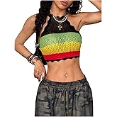 SweatyRocks Women's Color Block Crochet Halter Tops Tie Backless Hollow Out Knitted Crop Top