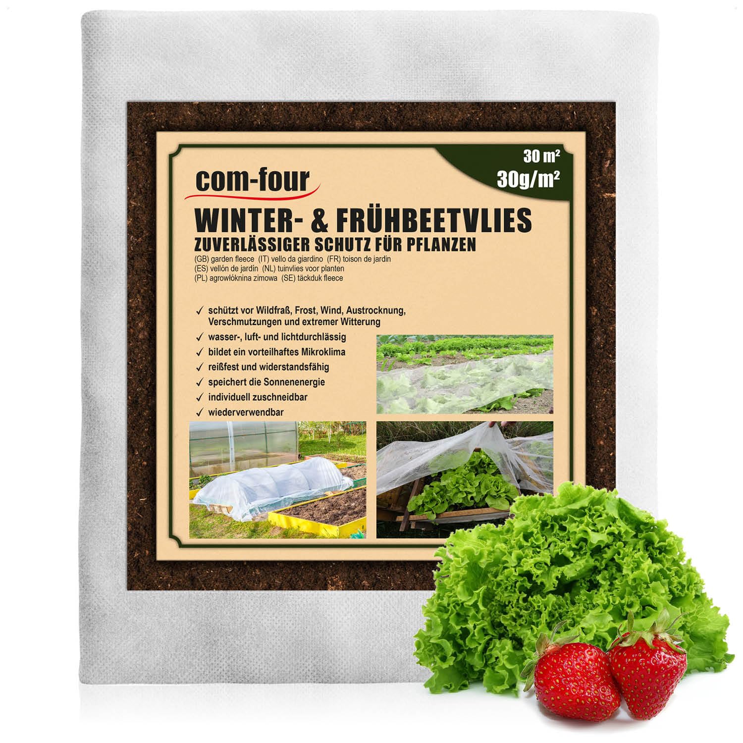 com-four® 30 m² cold frame fleece - 30g/m² winter fleece as frost protection - covering fleece 1.5 x 10 m - tear-resistant raised bed fleece for vegetables, fruit trees (.30m²-30g/m²)